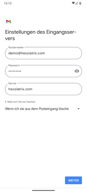 Geben Sie Benutzername und die Server-Adresse für eingehende Post ein. Wählen Sie WEITER