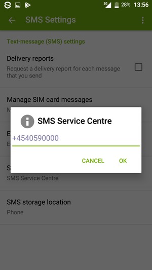 Enter the SMS Service Centre number and select OK
