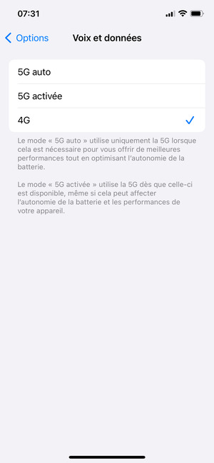 Sélectionnez 4G