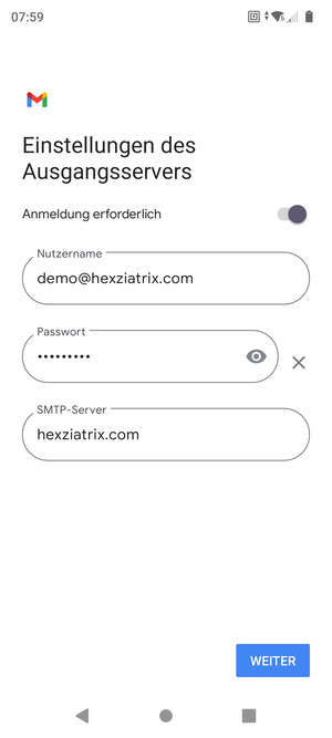 Geben Sie die Server-Adresse für ausgehende Post ein und wählen Sie WEITER