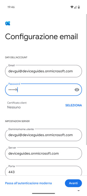 Inserisci Nome utente e l'indirizzo del server Exchange. Seleziona Avanti