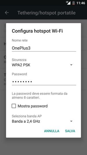 Inserisci una password dell'hotspot Wi-Fi di almeno 8 caratteri e seleziona SALVA