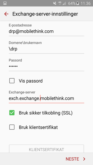 Skriv inn Brukernavn og Exchange serveradresse. Velg NESTE