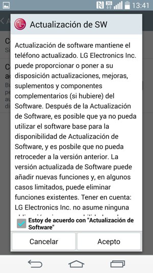 Marque la casilla de verificación Estoy de acuerdo con "Actualización de Software" y seleccione Acepto