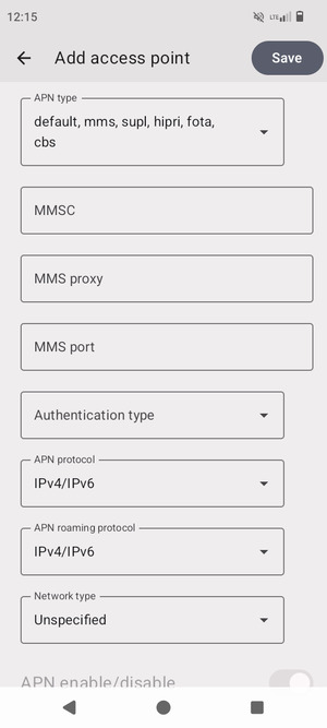Scroll to and select APN type