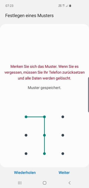 Zeichnen Sie ein Entsperrmuster und wählen Sie Weiter