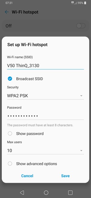 Enter a Wi-Fi hotspot password of at least 8 characters and select Save