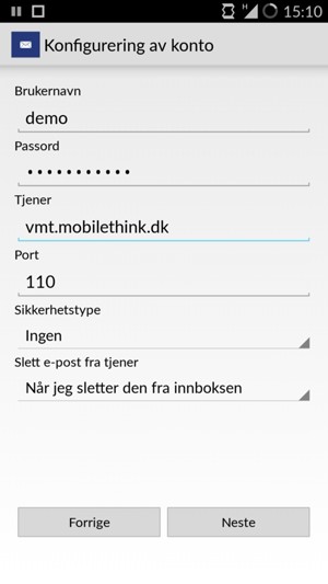 Skriv inn Brukernavn og innkommende serveradresse. Velg Neste