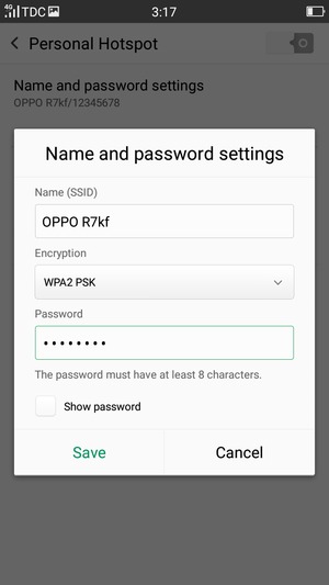 Enter a Wi-Fi hotspot password of at least 8 characters and select Save