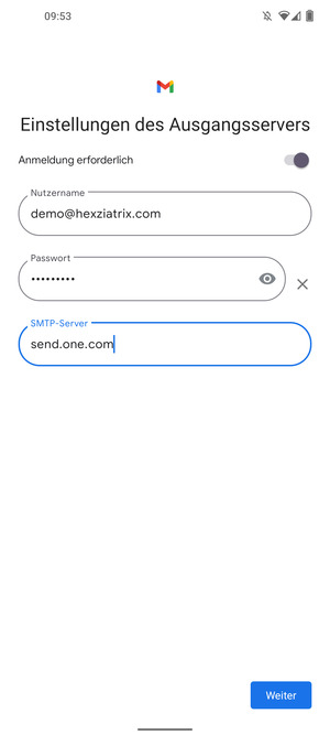 Geben Sie die Server-Adresse für ausgehende Post ein und wählen Sie Weiter