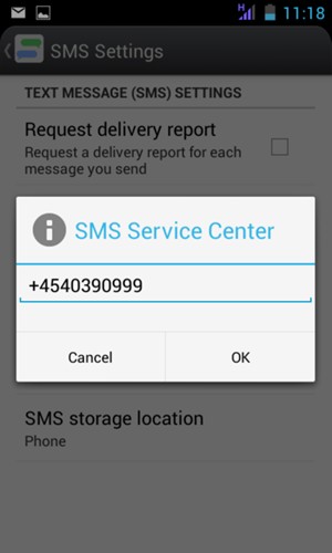 Enter the SMS Service Center number and select OK