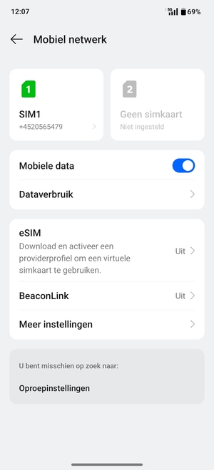 Selecteer SIM1 of SIM2