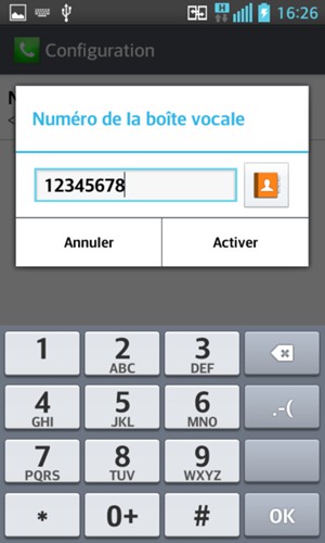 Saisissez Numéro de la boîte vocale et sélectionnez Activer