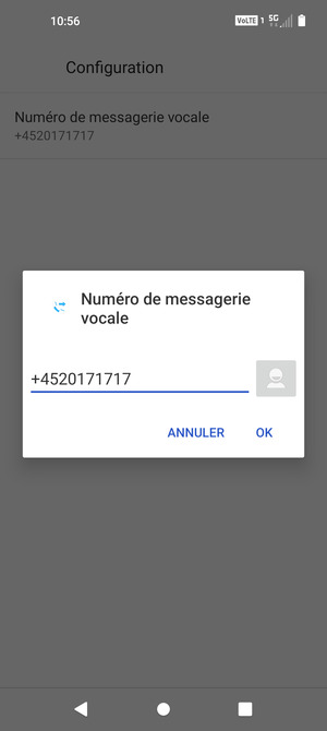 Saisissez le Numéro de messagerie vocale et sélectionnez OK