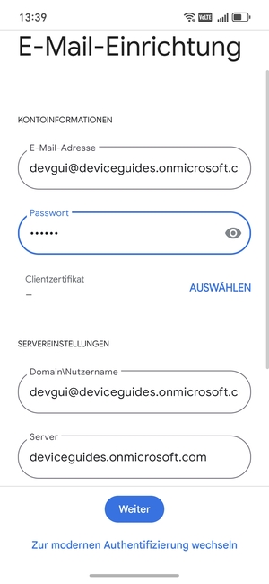 Geben Sie Benutzername und Exchange Server-Adresse ein. Wählen Sie Weiter