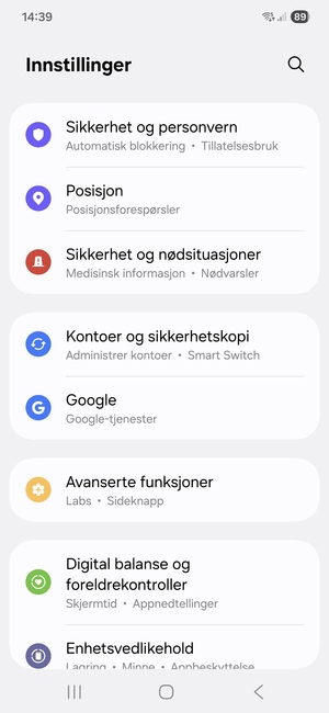 Bla til og velg Kontoer og sikkerhetskopi