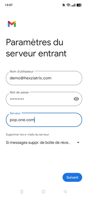 Saisissez votre Nom d'utilisateur et l'adresse du serveur entrant. Sélectionnez Suivant