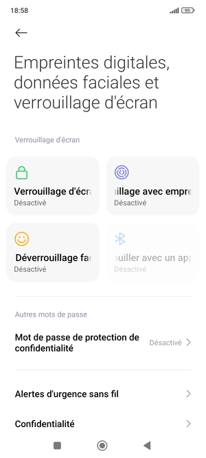 Pour activer votre verrouillage d'écran, retournez au menu Empreintes digitales, données faciales et verrouillage de l'écran et appuyez sur Verrouillage d'écran