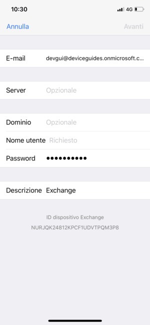 Inserisci informazioni email di Exchange e seleziona Avanti