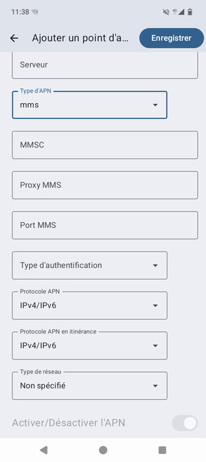 Faites défiler vers le bas et saisissez les informations MMS
