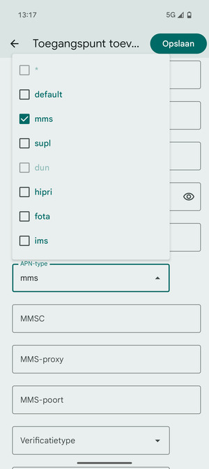 Vink het selectievakje mms aan