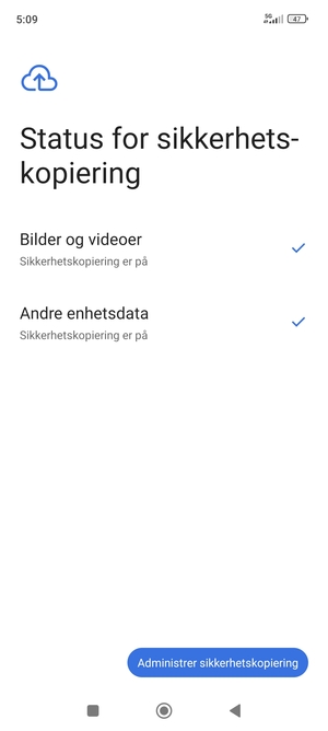 Velg Administrer sikkerhetskopiering