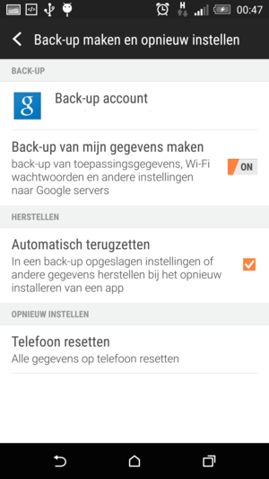 Schakel Backup maken en opnieuw instellen in