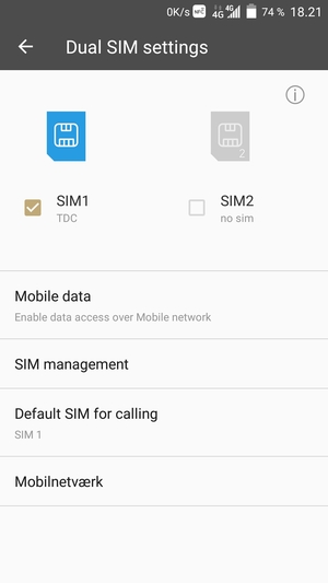 Vælg SIM1 eller SIM2 og vælg Mobilnetværk