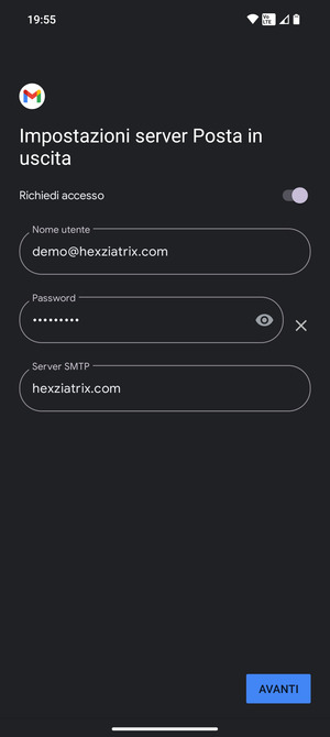 Inserisci l'indirizzo del server di posta in uscita e seleziona AVANTI