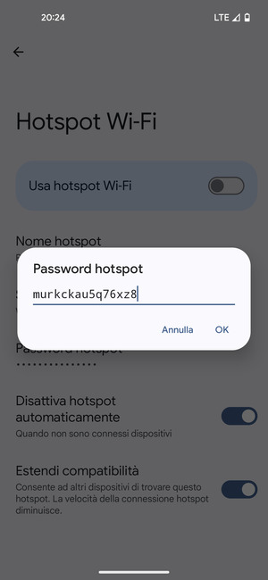 Inserisci una password dell'hotspot Wi-Fi di almeno 8 caratteri e seleziona OK