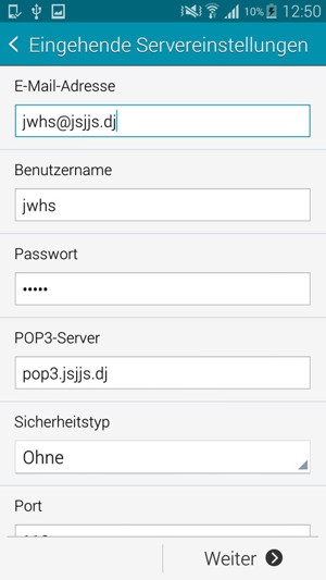 Geben Sie Benutzername und die Server-Adresse für eingehende Post ein. Wählen Sie Weiter
