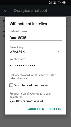 Voer een wachtwoord van een WiFi-hotspot in van ten minste 8 tekens en selecteer OPSLAAN