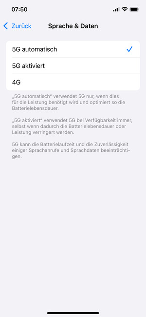 Um 5G zu aktivieren, wählen Sie 5G automatisch oder 5G aktiviert