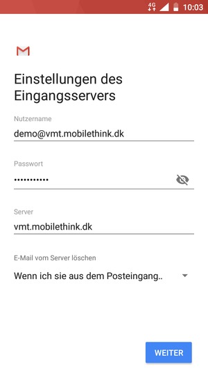 Geben Sie Nutzername und die Server-Adresse für eingehende Post ein. Wählen Sie WEITER