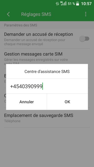 Entrez le numéro du Centre d'assistnace SMS et sélectionnez OK