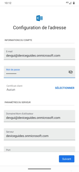 Saisissez votre Nom d'utilisateur et l'adresse du serveur Exchange. Sélectionnez Suivant