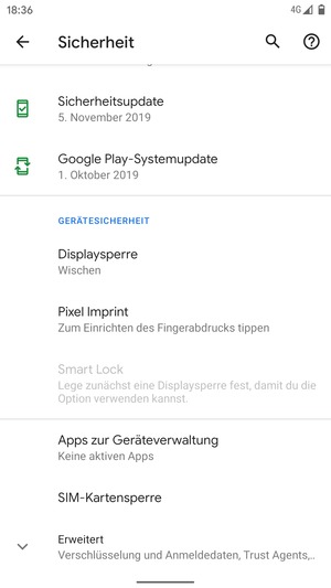 Um Ihre Bildschirmsperre zu aktivieren, gehen Sie zum Sicherheit Menü und wählen Sie  Displaysperre