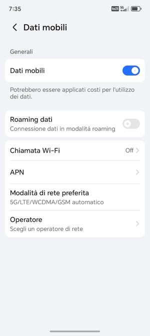 Per modificare la rete, in presenza di problemi, seleziona Operatore