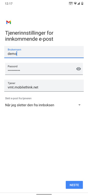 Skriv inn Brukernavn og innkommende serveradresse. Velg NESTE