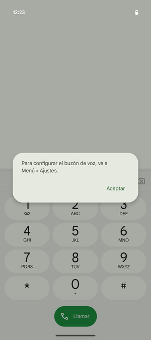 Si el correo de voz no está configurado, seleccione Aceptar