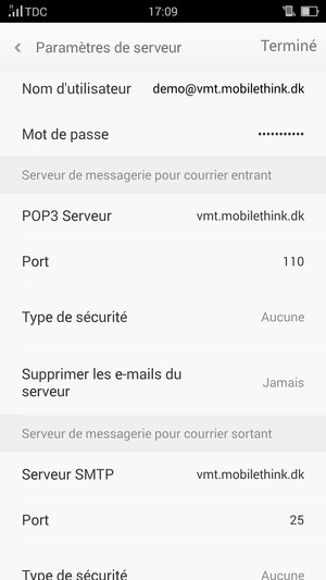 Saisissez votre Nom d'utilisateur et l'adresse du serveur entrant
