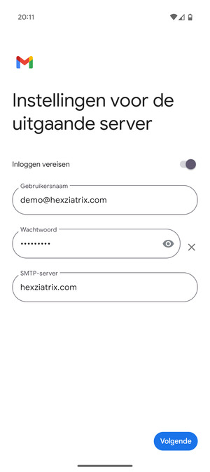 Voer Uitgaand serveradres in en selecteer Volgende