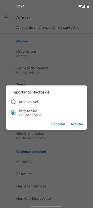 Seleccione Tarjeta SIM y Aceptar