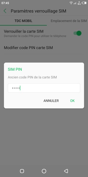 Saisissez votre Ancien code PIN de la carte SIM et sélectionnez OK