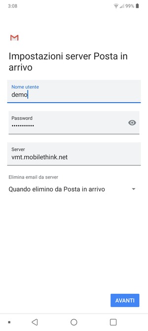 Inserisci Nome utente e l'indirizzo del server di posta in arrivo. Seleziona AVANTI