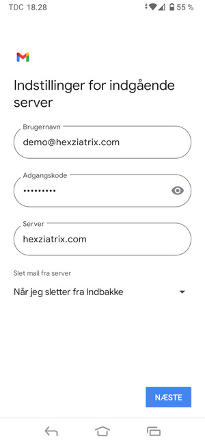 Indtast Brugernavn og indgående serveradresse. Vælg NÆSTE