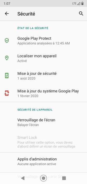Pour activer votre écran de verrouillage, allez dans le menu Sécurité et sélectionnez Verrouillage de l'écran