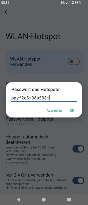 Geben Sie eine WLAN-Hotspot-Passwort mit mindestens 8 Zeichen ein und wählen Sie OK