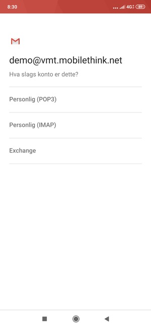 Velg Personlig (POP3) eller Personlig (IMAP)