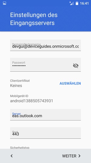 Geben Sie Benutzername und Exchange Server-Adresse ein. Wählen Sie WEITER